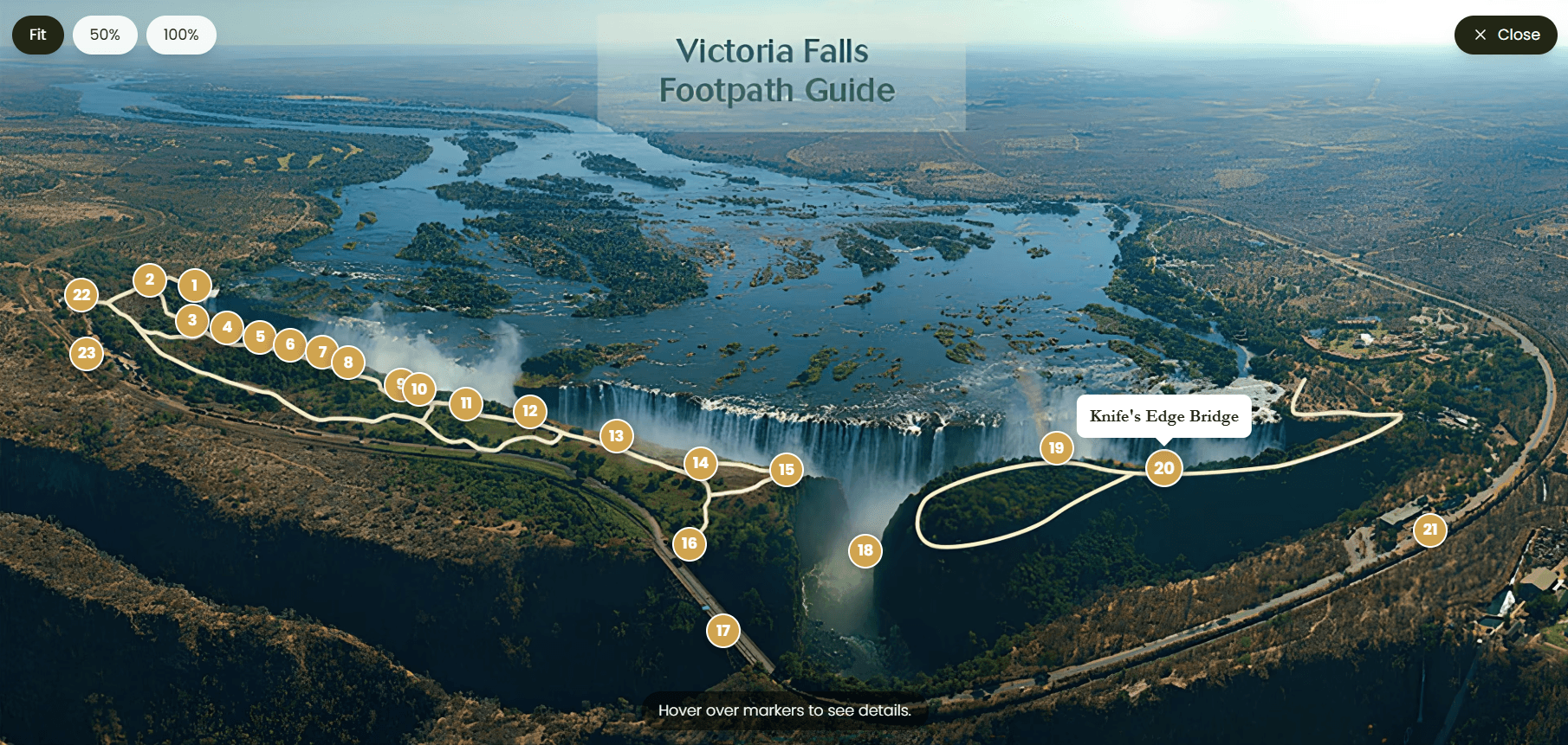 Aerial map of Victoria Falls with numbered footpath guide markers and the Knife's Edge Bridge
